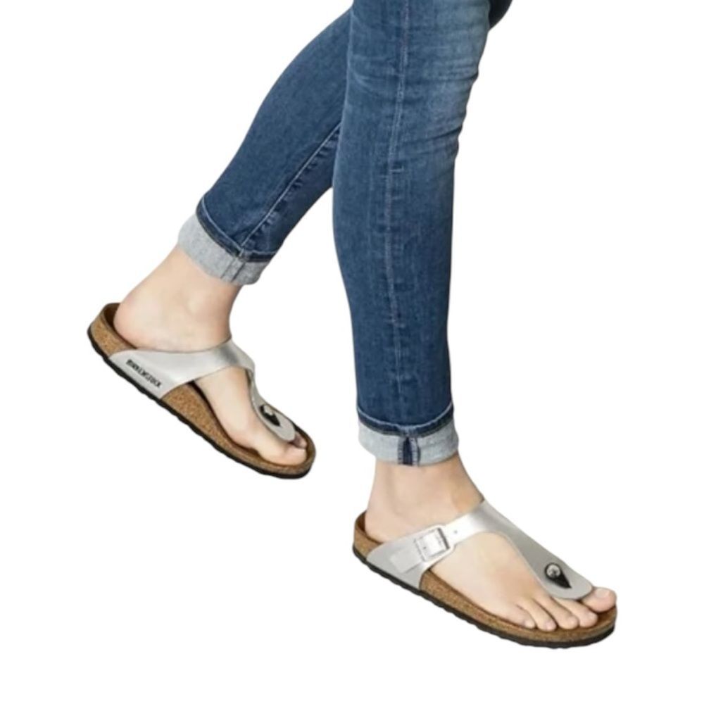 Birkenstock Gizeh Silver Birko-Flor Faux Vegan Leather Slip-On Thong Sandals 36